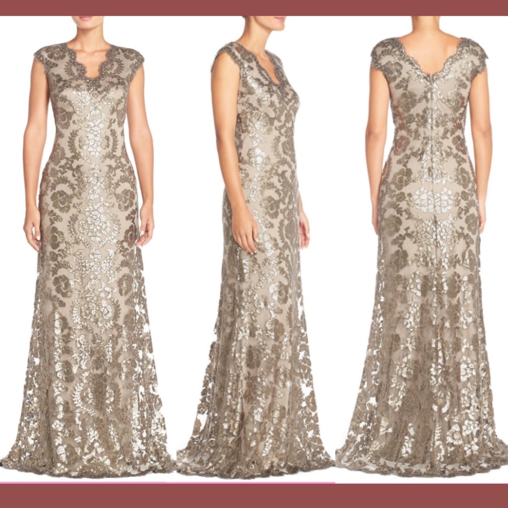 NWT Tadashi Shoji Sequin Lace Gown in Smoke Pearl [PETITE SZ 6P ]‎